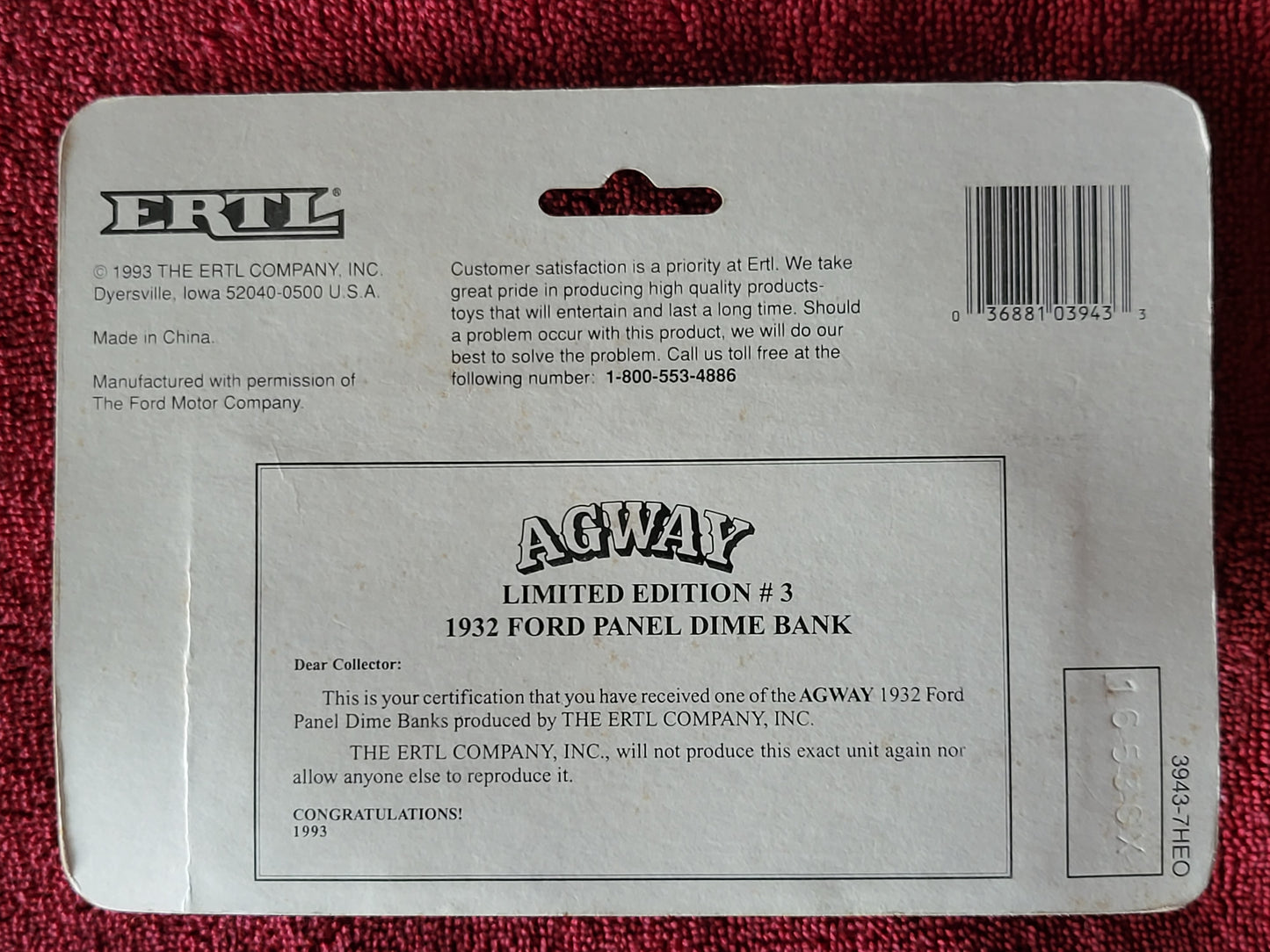 1932 Ford Panel Dime Bank AGWAY 1993 ERTL Limited Edition #3 NEW
