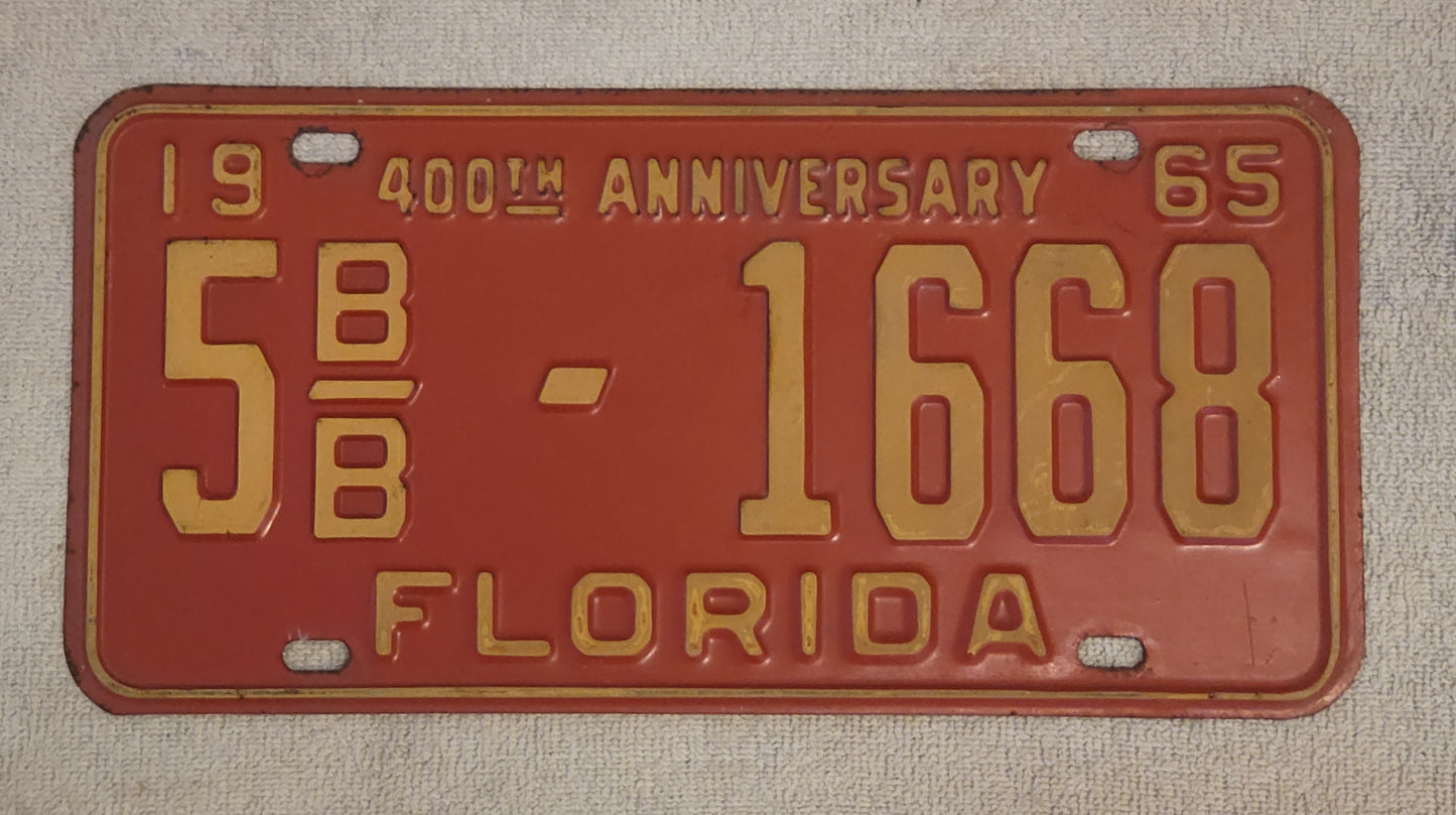 1965 Florida 400th Anniversary License Plate # 5 B|B 1668 Single Polk Original