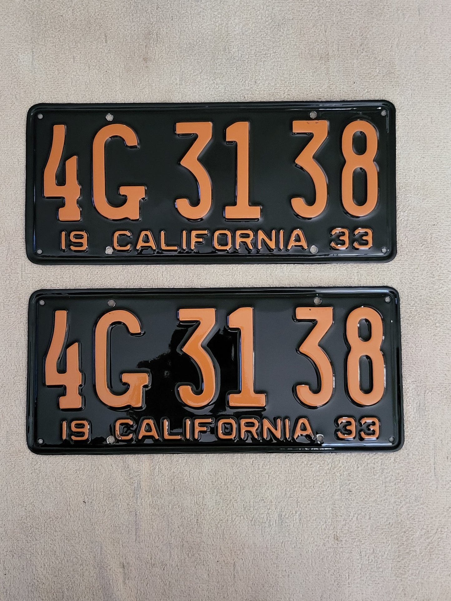 1933 California License Plates YOM Black & Orange Restored PAIR Mint Original