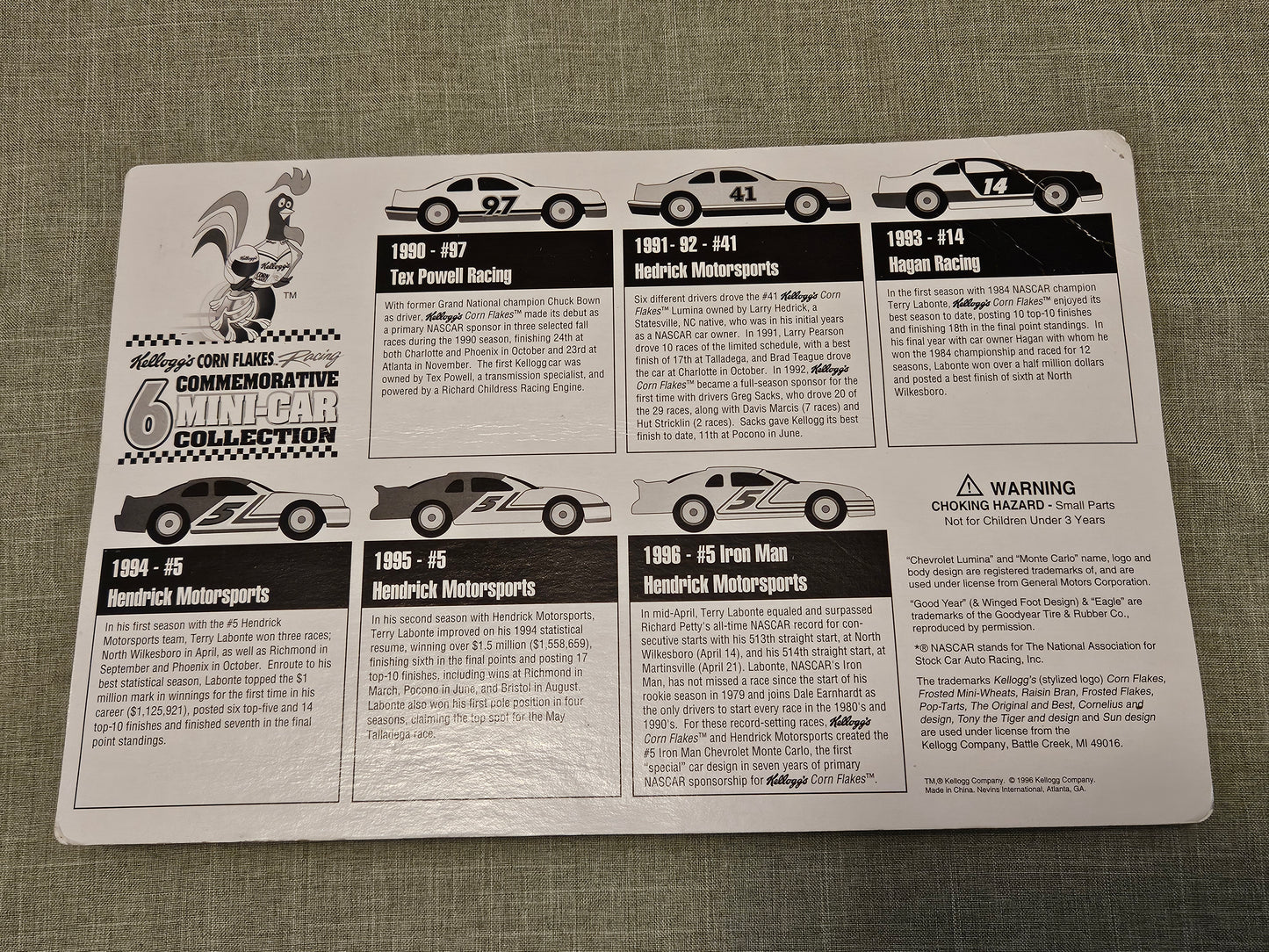1990-1996 Kelloggs Corn Flakes Racing Commemorative 6 Mini Nascar Collection NEW