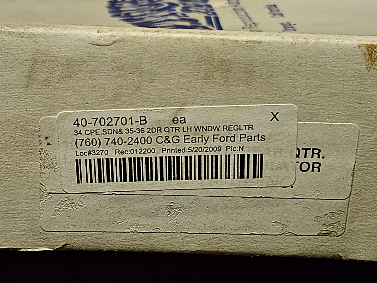 1934 Coupe Sedan 1935-1936 Sedan Ford 40-702701-B Window Regulator LH NEW