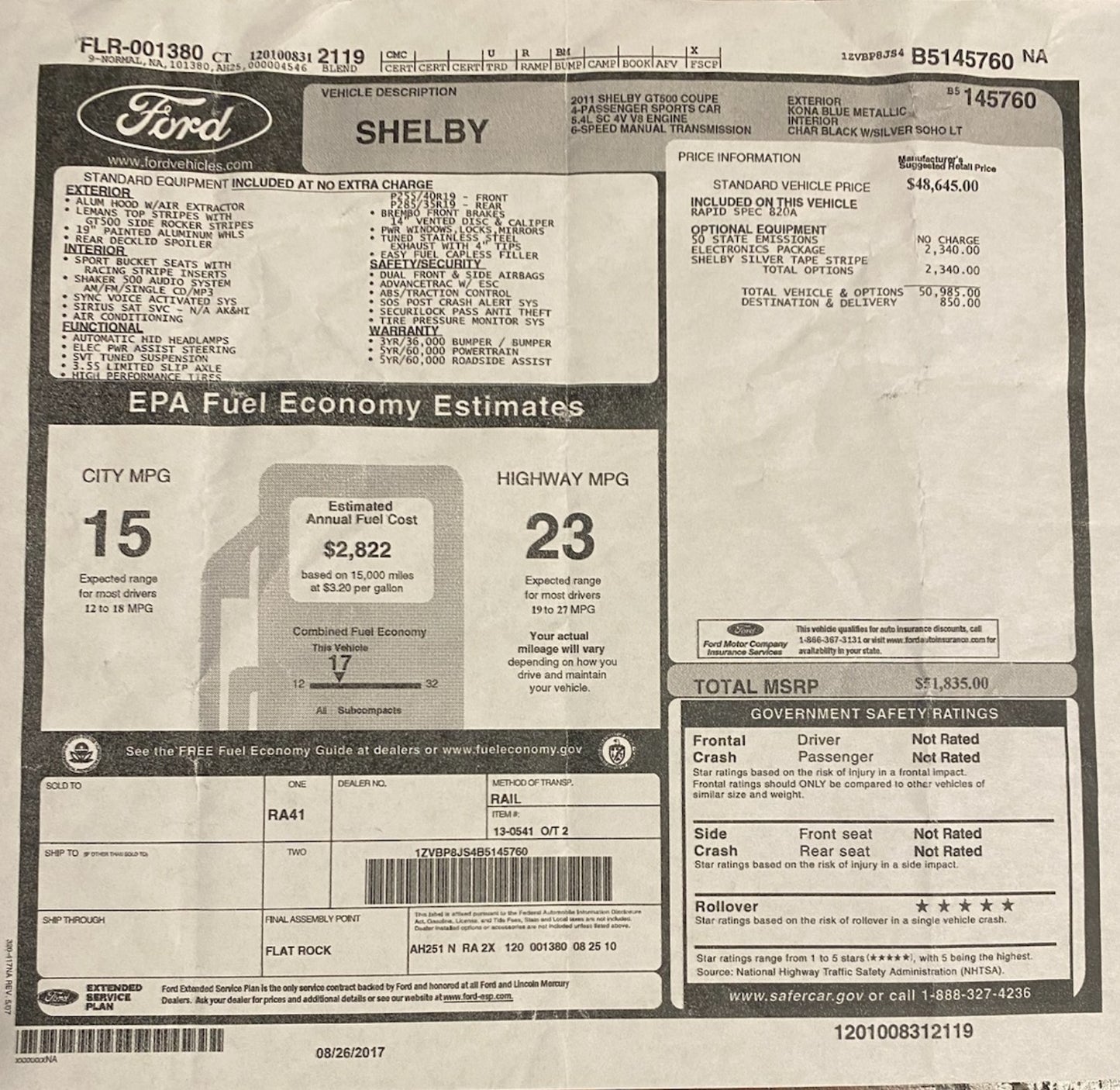 2011 Ford Shelby Mustang GT500 5.4L V8 Supercharged 6-Speed Manual 11k miles SOLD