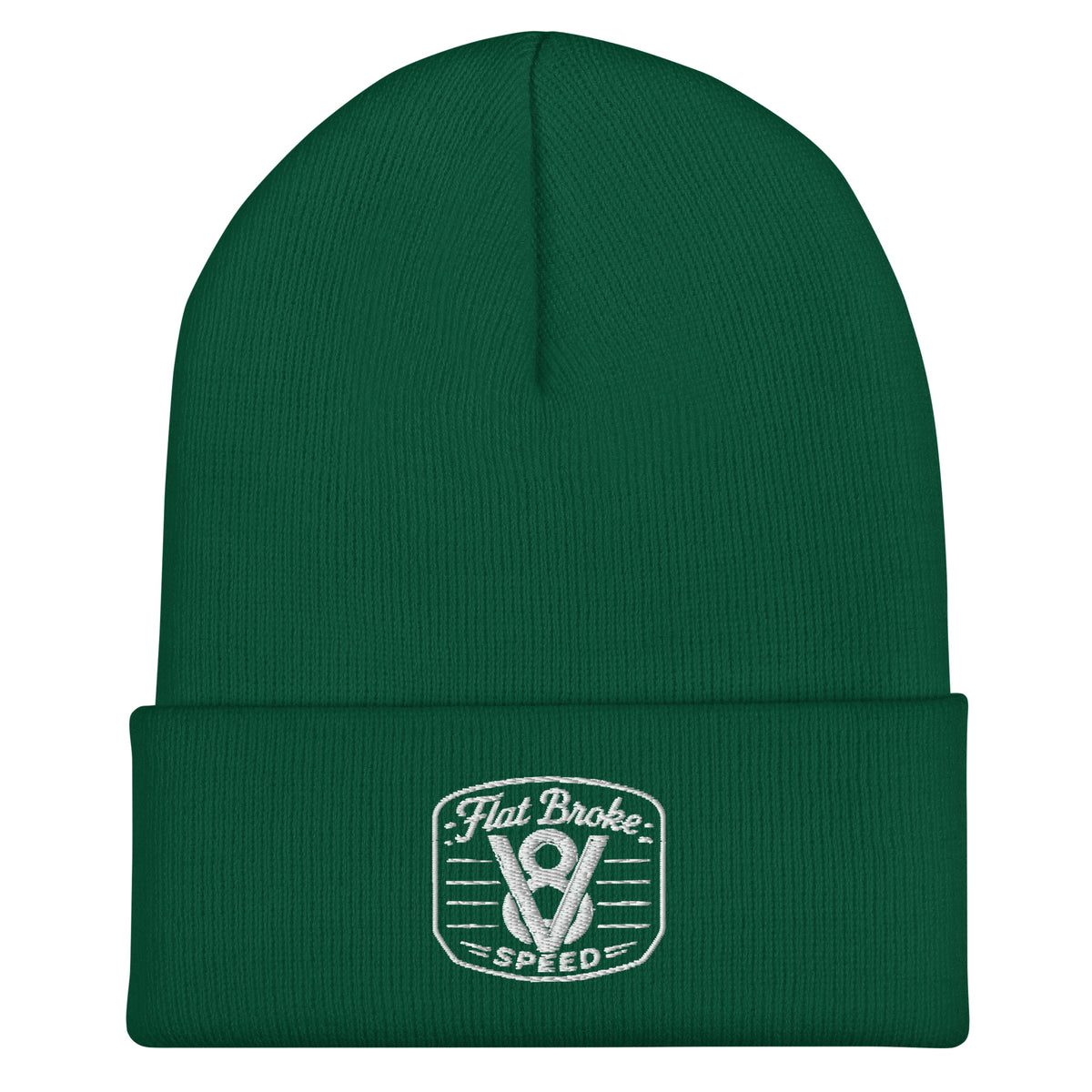 Flat Broke Speed V8 logo embroidered cuffed beanie, Spruce, front
