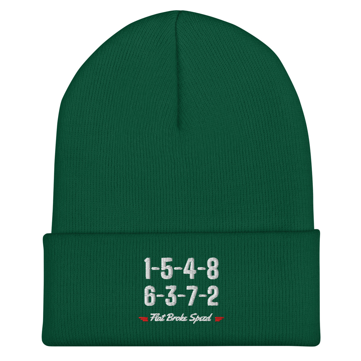 Flat Broke Speed 1-5-4-8 6-3-7-2 firing order cuffed beanie, Spruce, front