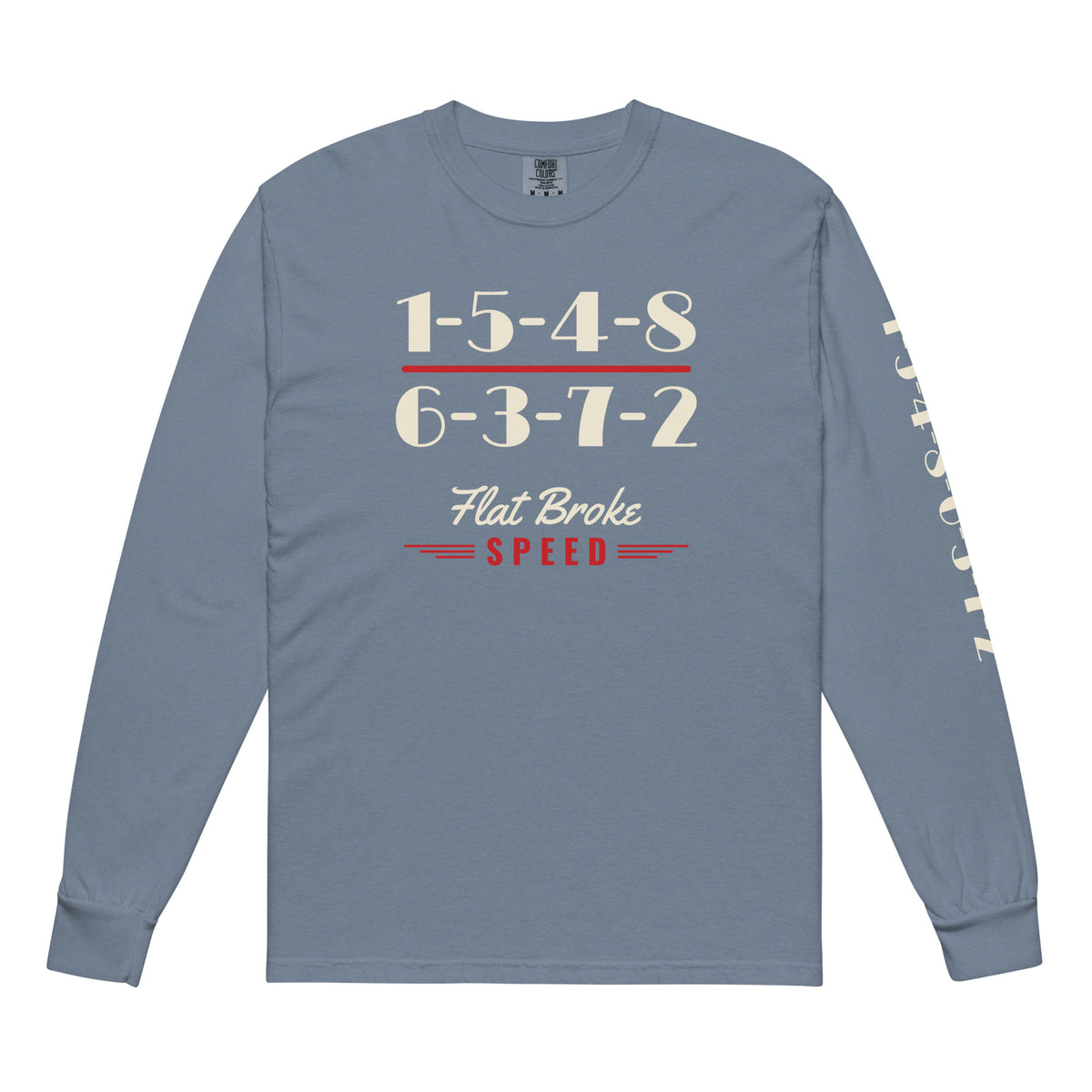 Flat Broke Speed firing order long sleeve shirt with sleeve print, Blue Jean, front