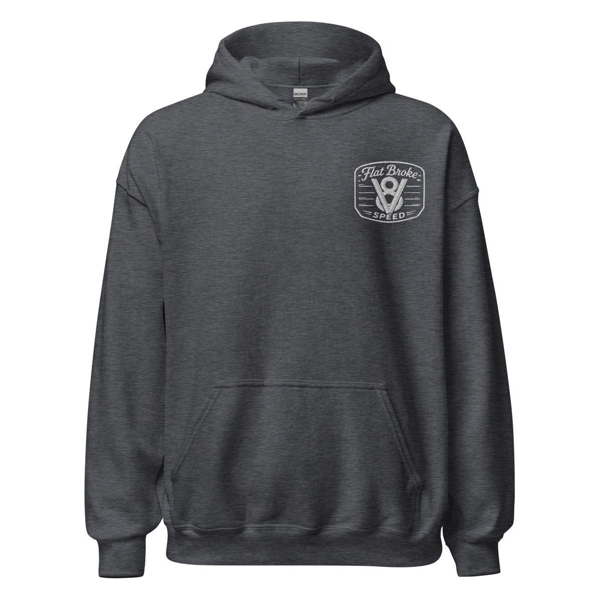 Flat Broke Speed V8 logo embroidered hoodie, Dark Heather, front