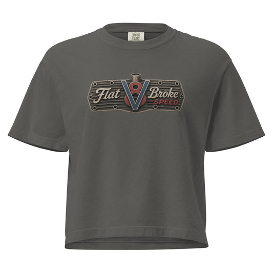 Flat Broke Speed V8 lifestyle logo women's boxy t-shirt, Pepper, front