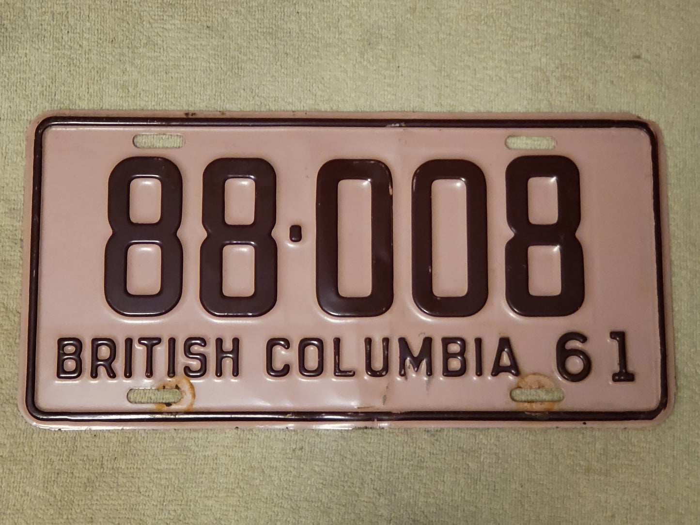 1961 British Columbia Canada License Plate Tag #88 008 Single Excellent Original