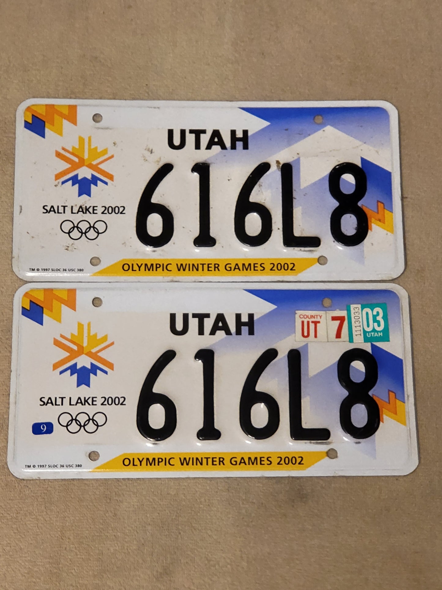 2002 Utah Olympic Winter Games License Plate # 616L8 Pair Original
