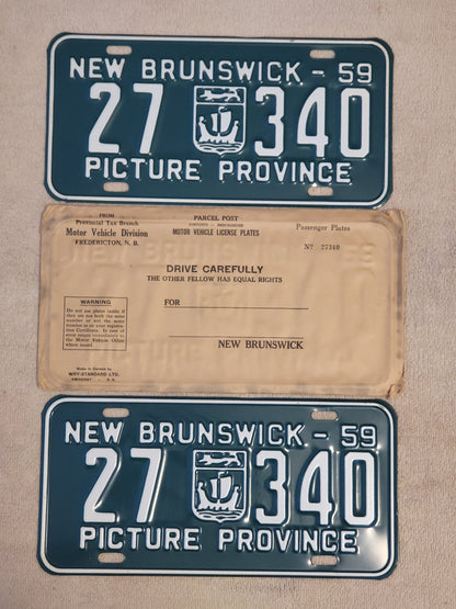 1959 New Brunswick Canada License Plates # 27-340 Pair with Envelope Excellent