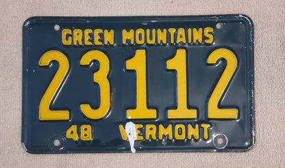 1948 Vermont Green Mountains License Plate # 23112 Single Original