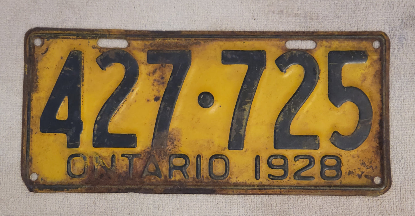 1928 Ontario Canada License Plate # 427 725 Single Original