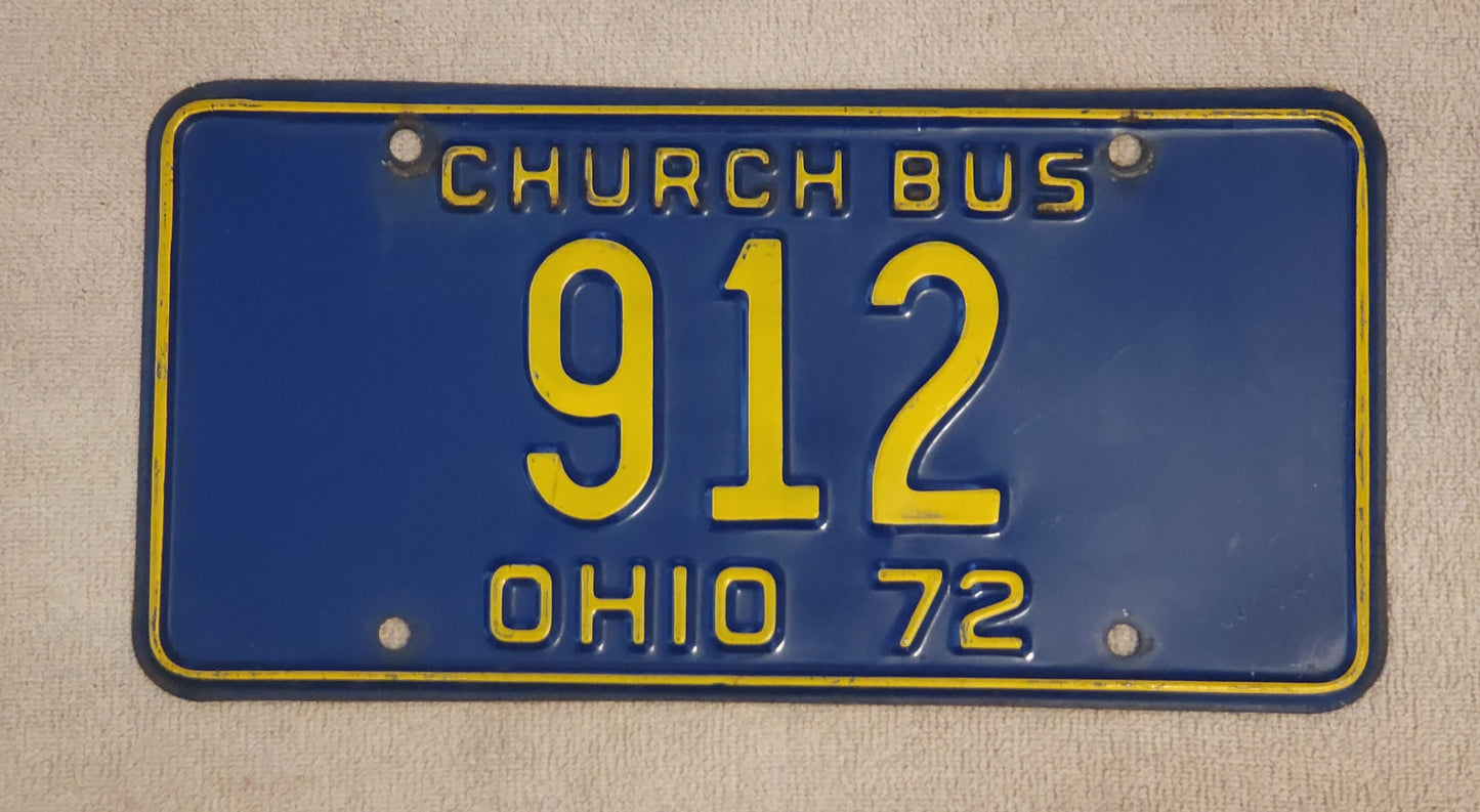 1972 Ohio Church Bus License Plate # 912 Single Original