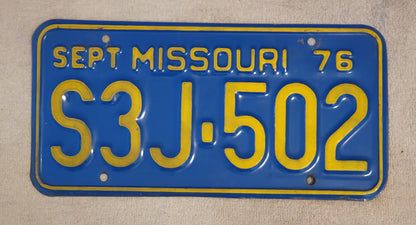 1976 SEPT Missouri License Plate Tag #S3J 502 Single Original