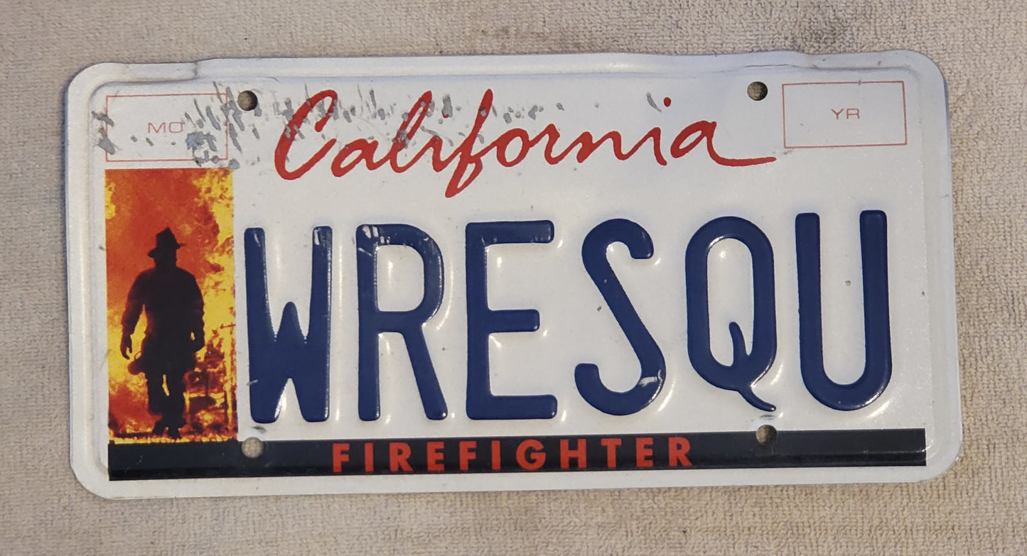 California Firefighter Vanity License Plate # WRESQU Single Original