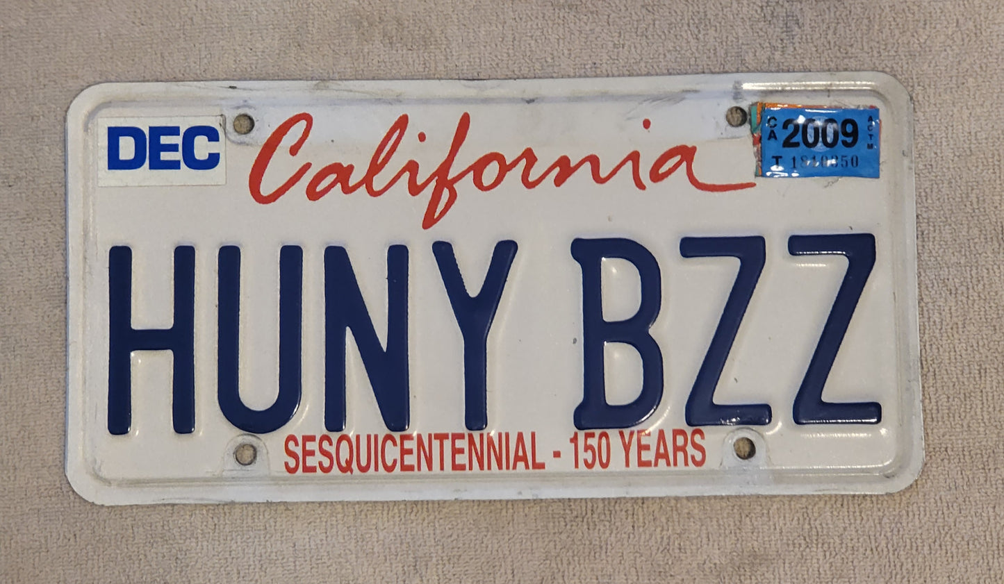 2009 California Sesquicentennial 150 Years Vanity License Plate # HUNYBZZ Single
