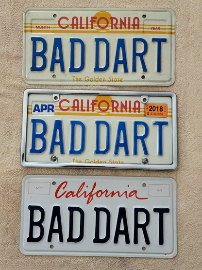 1980s California Golden State License Plate # BAD DART Original RARE 3 Plates