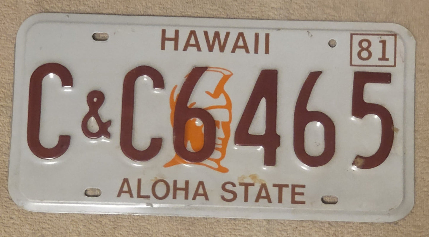 1981 Hawaii License Plate # C&C 6465 Single Original
