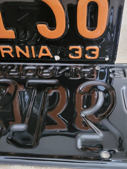 1933 California License Plates YOM Black & Orange Restored PAIR Mint Original
