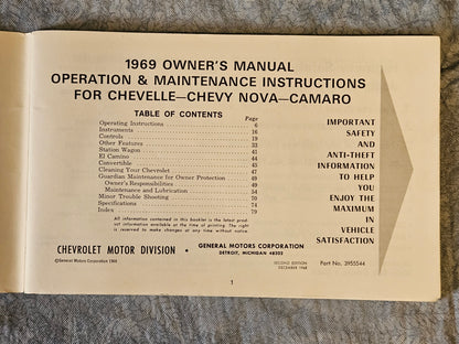 1969 Chevrolet Camaro Chevelle Nova Factory Owners Manual 2nd Edition Original