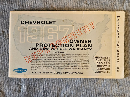 1967 Chevrolet Owner Protection Plan Vehicle Warranty Protect-O-Plate Original