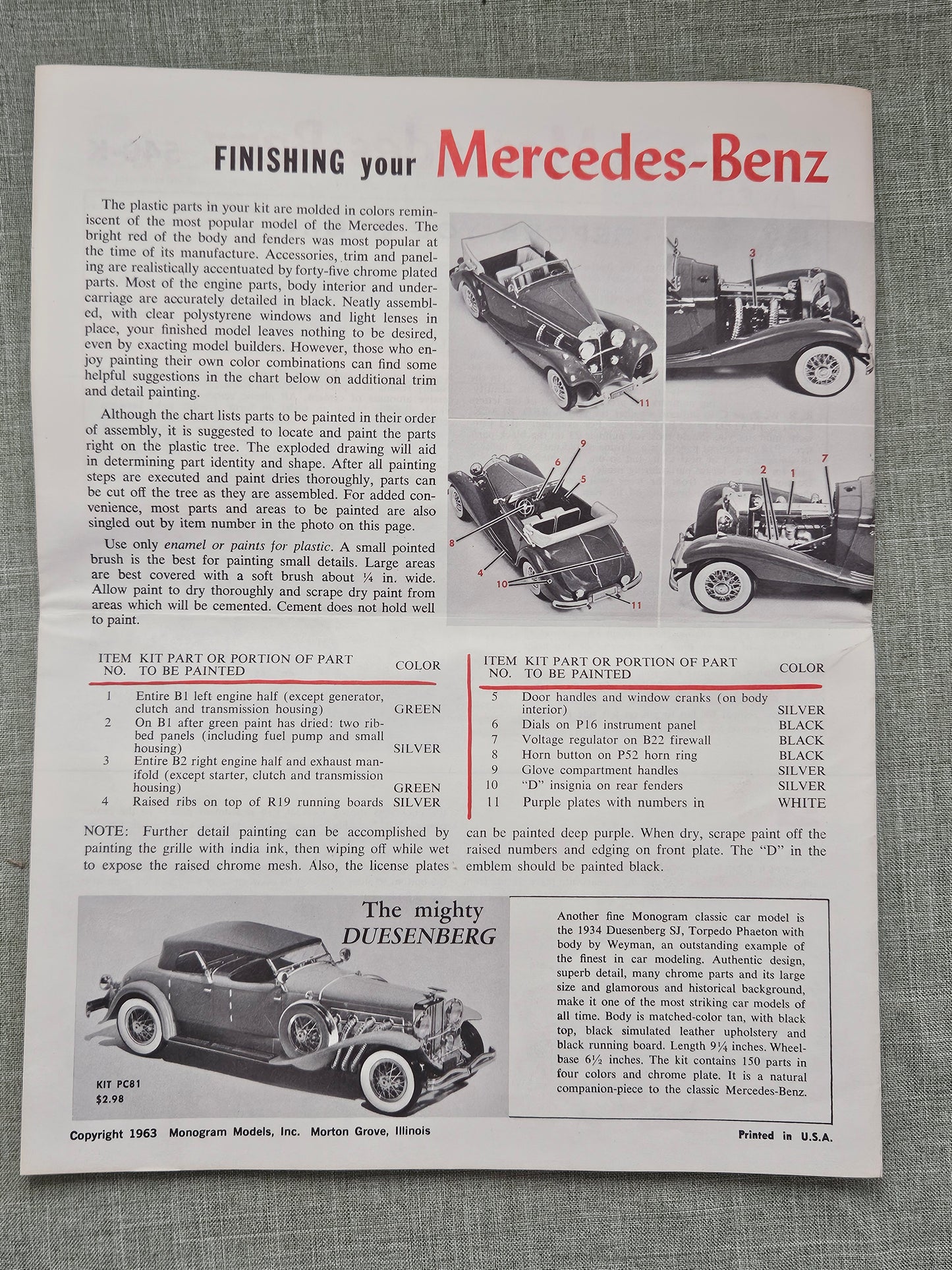1939 Mercedes-Benz 540-K Cabriolet 1963 Monogram Model Kit PC87-298 Built Parts