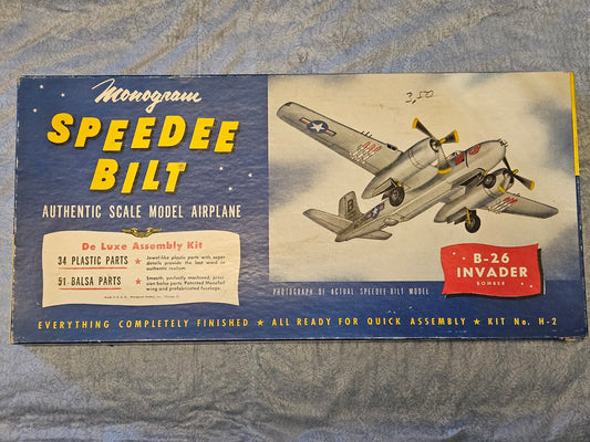 Monogram Speedee Bilt H-2 DeLuxe B-26 Invader Bomber Balsa Wood & Plastic Kit