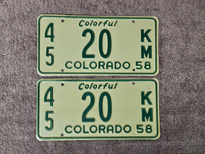1958 Colorado License Plate Low Digit #20 PAIR Original NOS