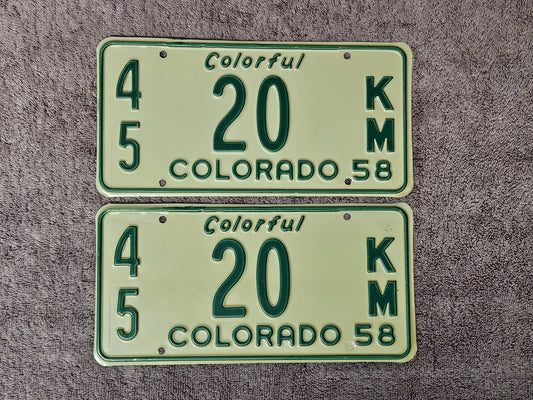 1958 Colorado License Plate Low Digit #20 PAIR Original NOS