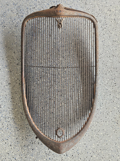 1933 Ford Passenger Car Grille Shell & Insert — Original Steel, V8 Emblem, Solid