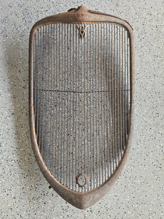 1933 Ford Passenger Car Grille Shell & Insert — Original Steel, V8 Emblem, Solid