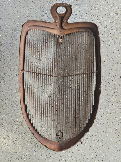 1933 Ford Passenger Car Grille Shell & Insert — Original Steel, V8 Emblem, Solid