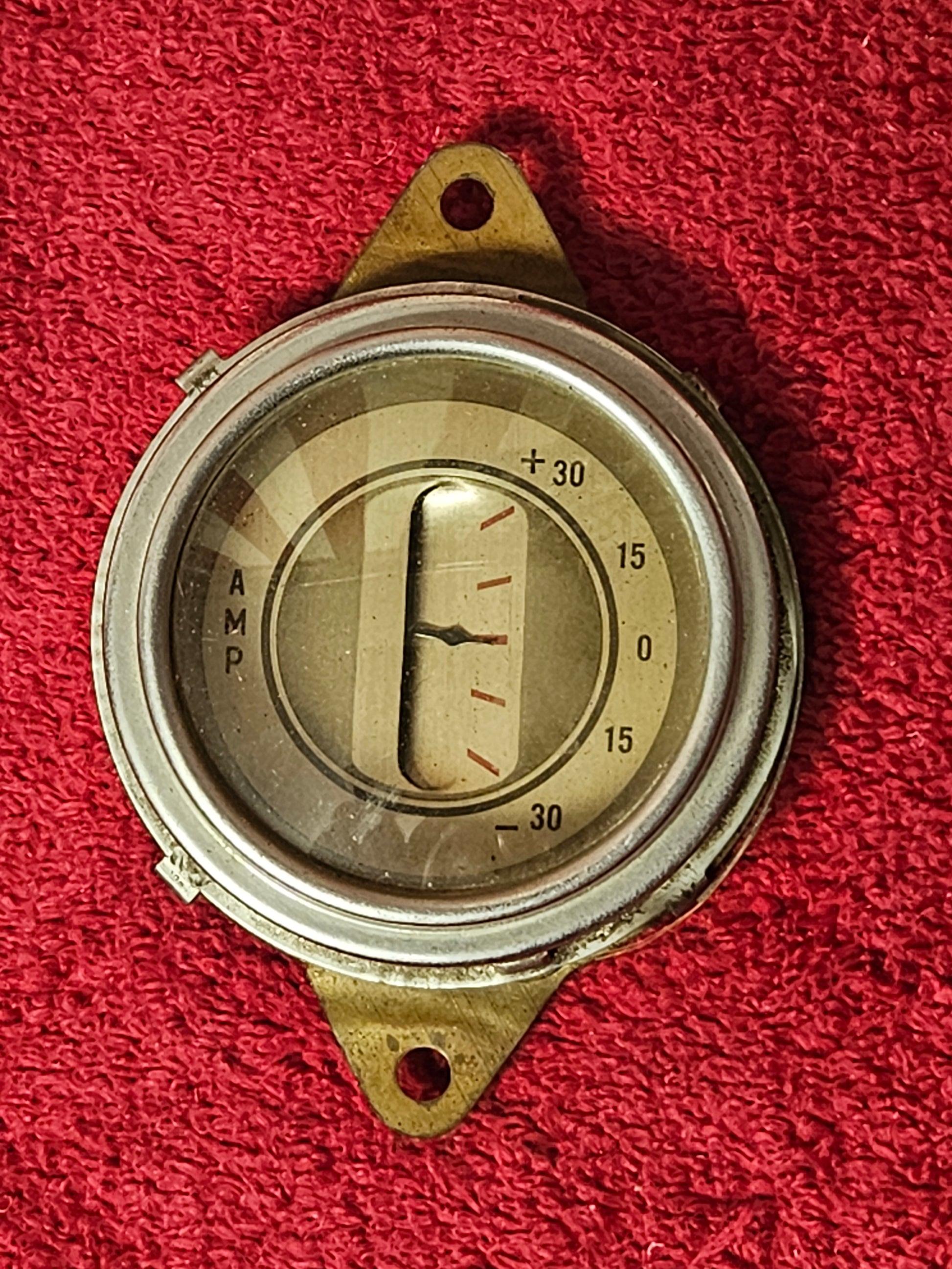Original Ford ammeter, 30-0-30 amp scale marked AMP, clear glass lens and bright bezel