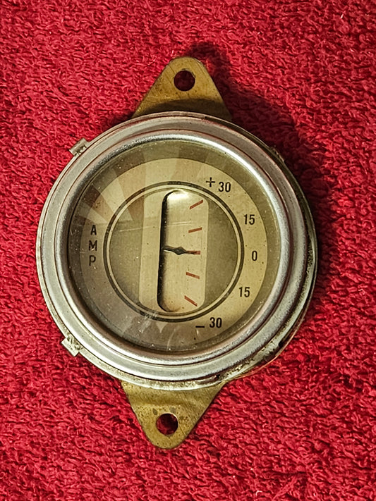 Original Ford ammeter, 30-0-30 amp scale marked AMP, clear glass lens and bright bezel
