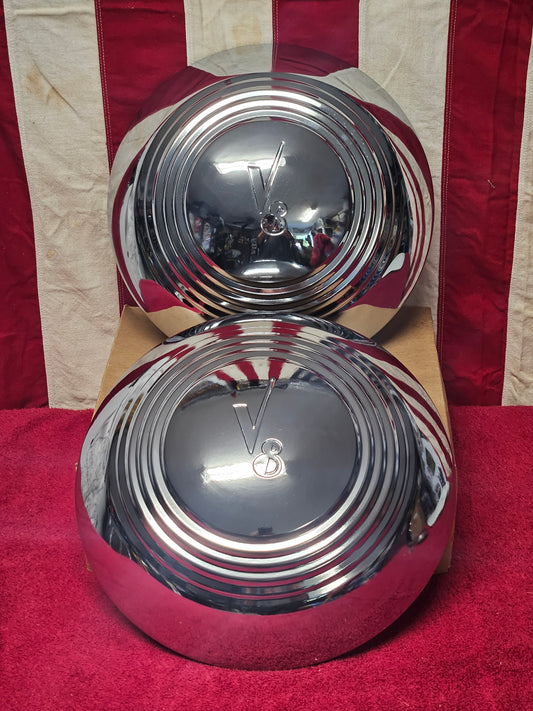 Pair of NORS Ford V8 wide five hubcaps 2028C, full nickel and chrome plated