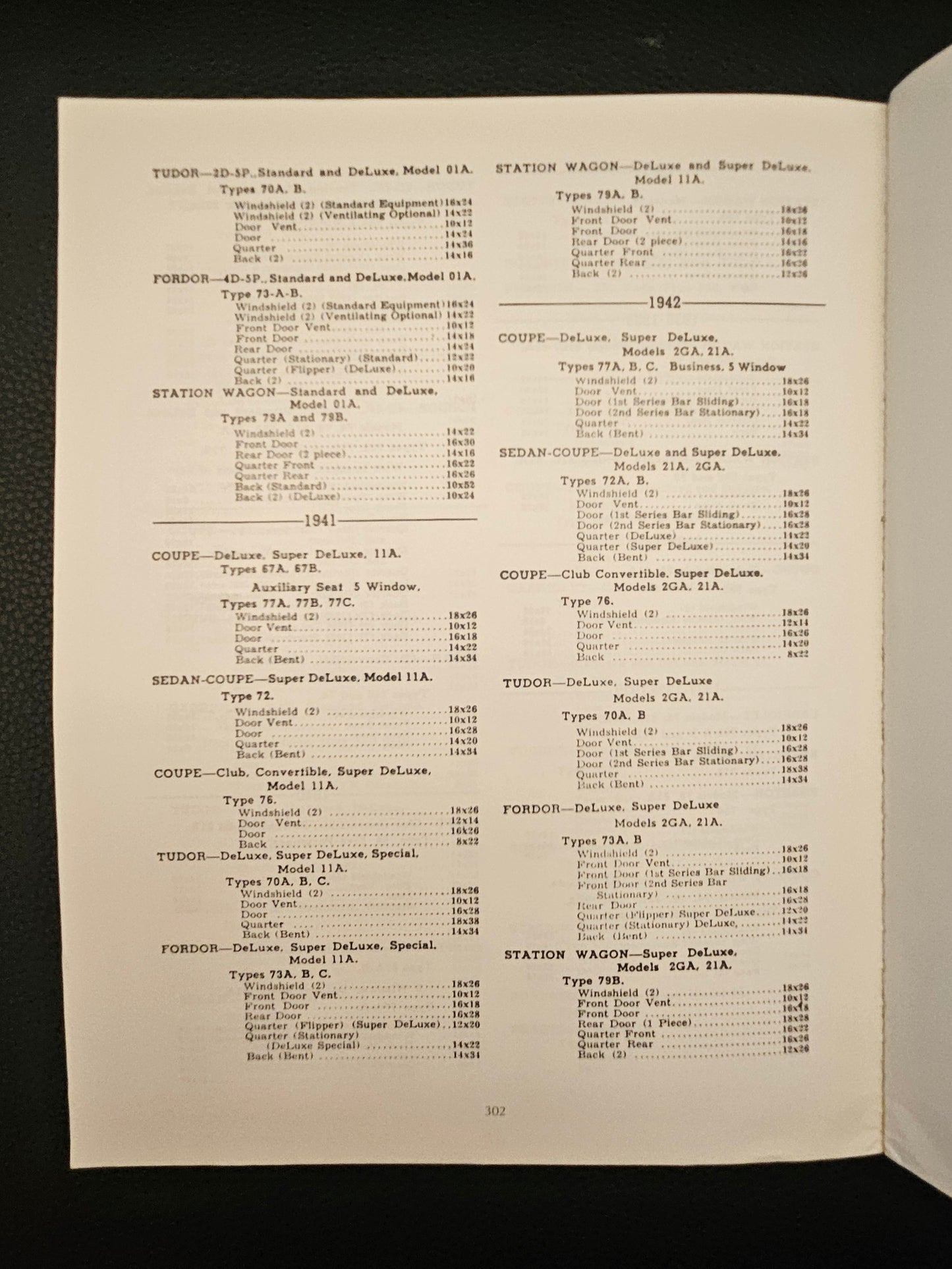 Page 302 glass size tables by body style for 1941 and 1942