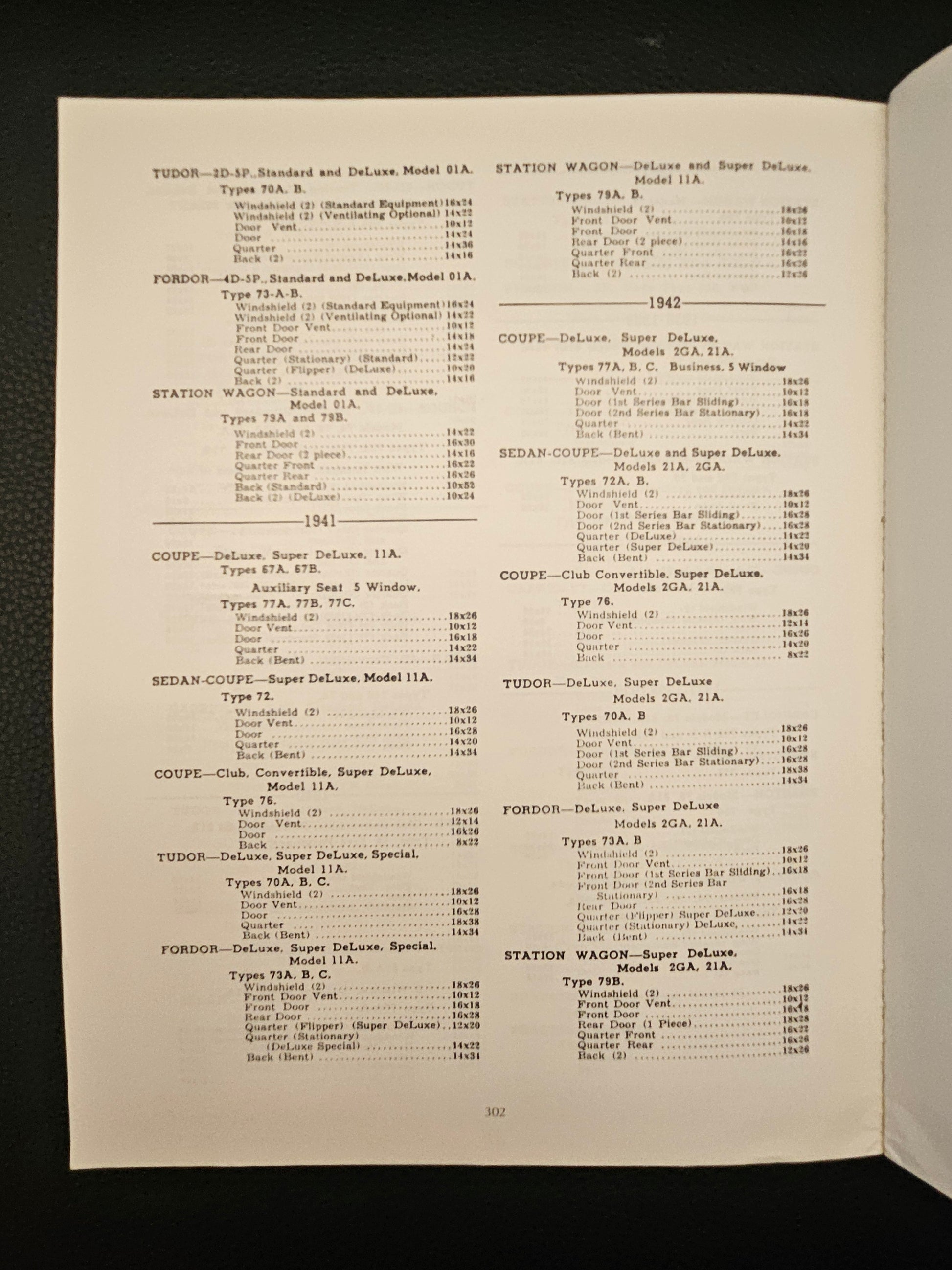 Page 302 glass size tables by body style for 1941 and 1942