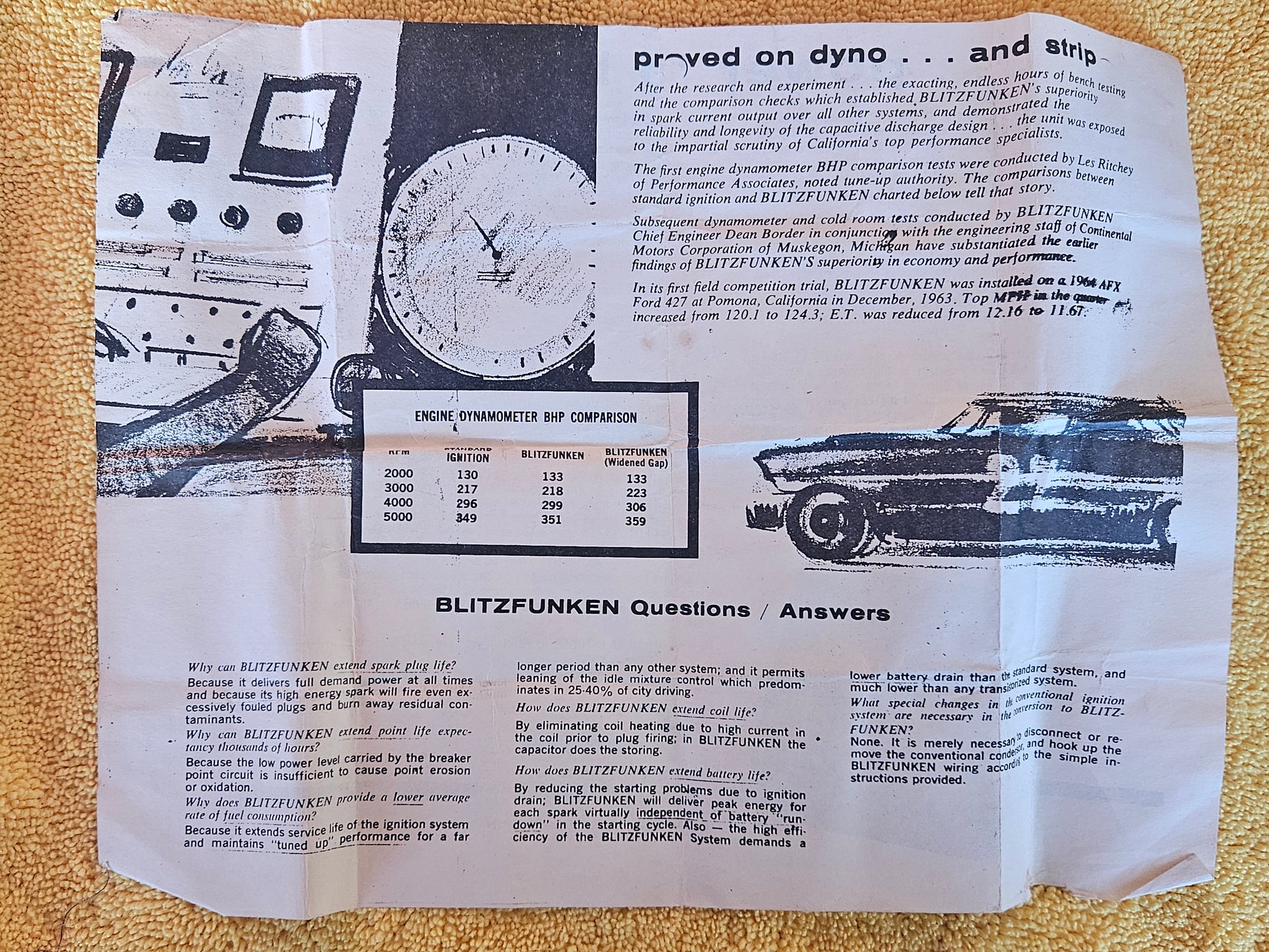 Brochure page, proved on dyno and strip, engine dynamometer BHP comparison