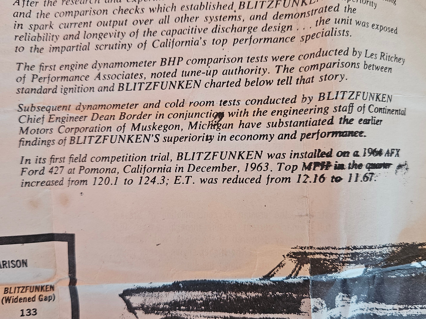 Brochure detail citing Les Ritchey of Performance Associates and 1964 AFX Ford 427 at Pomona