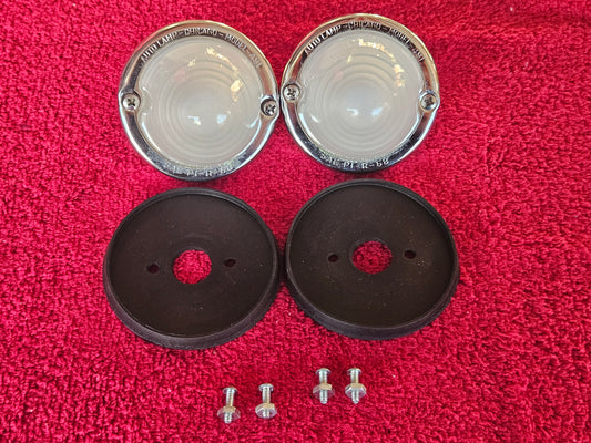 Pair of NOS Auto Lamp Chicago Model 491 beehive lamps with rubber mounting pads and hardware