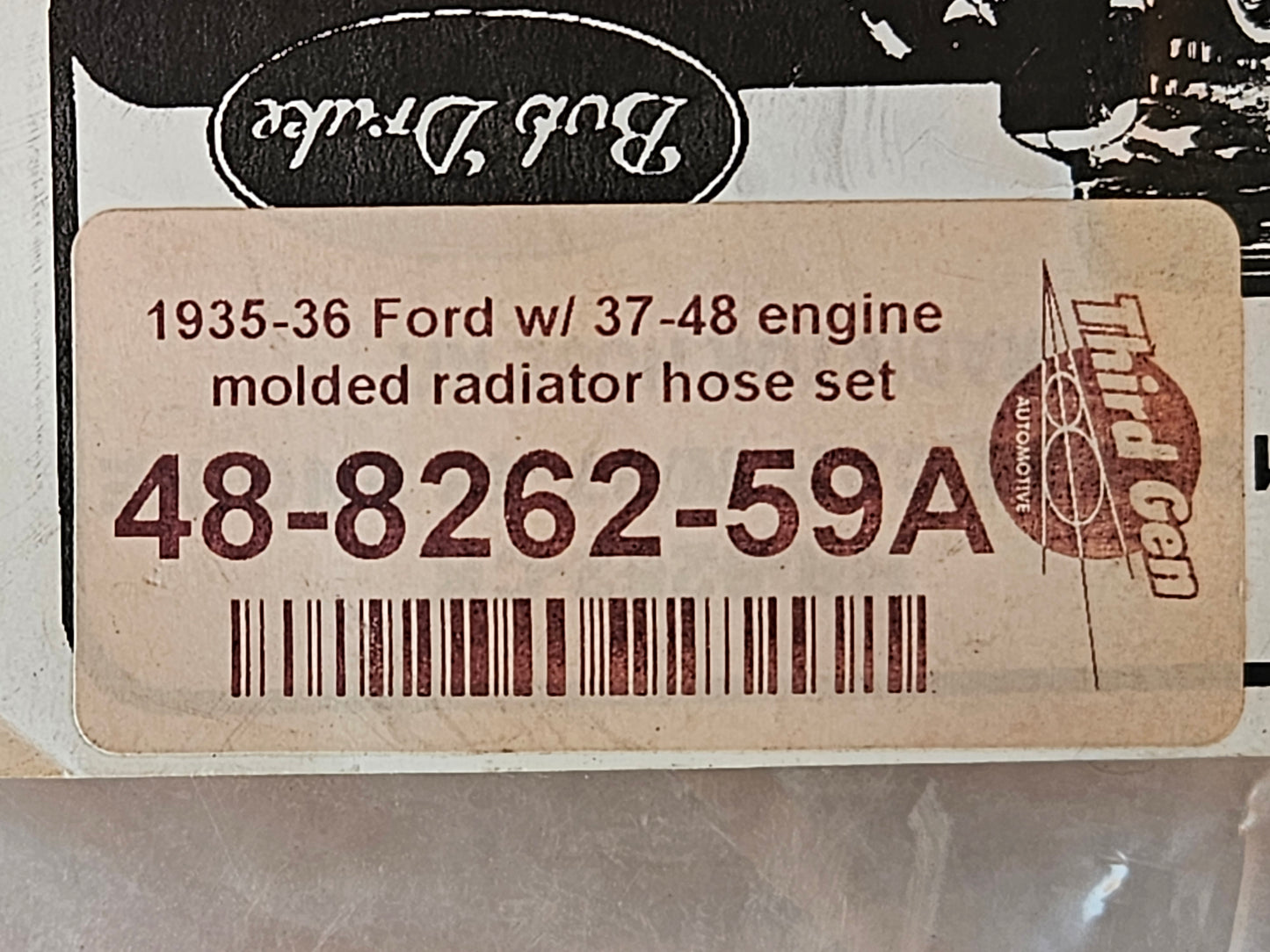 Bob Drake bag label, 1935-36 Ford with 37-48 engine molded radiator hose set, part number 48-8262-59A