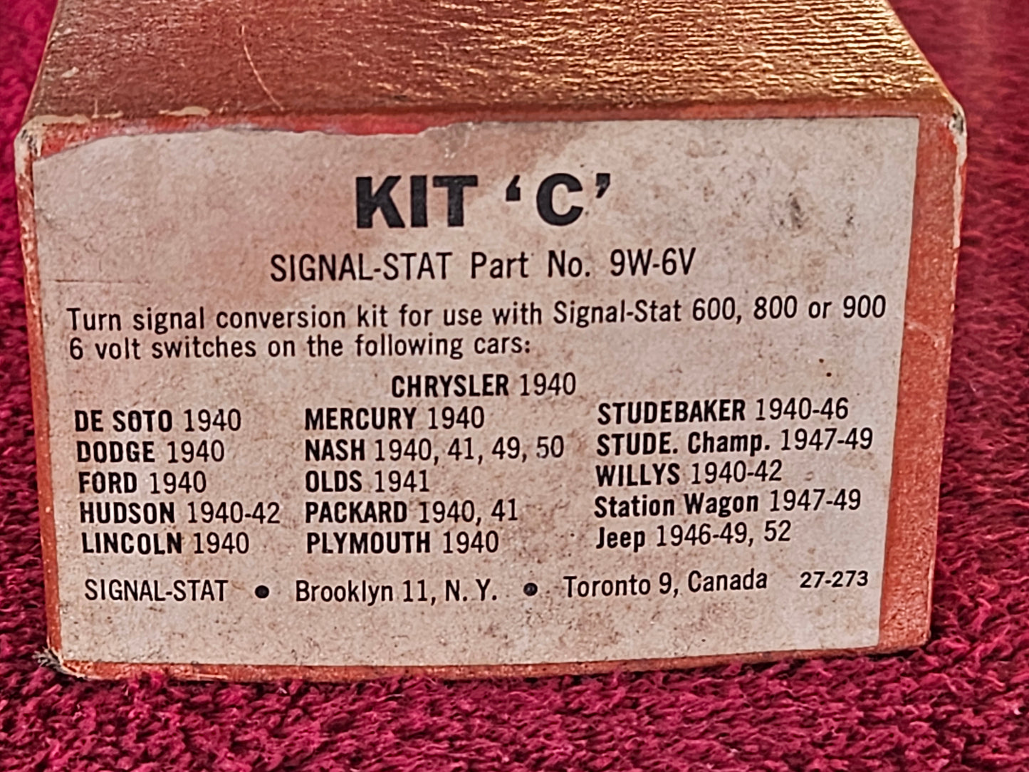 Original Signal-Stat Kit C box label listing part number 9W-6V and vehicle applications 1940 to 1952