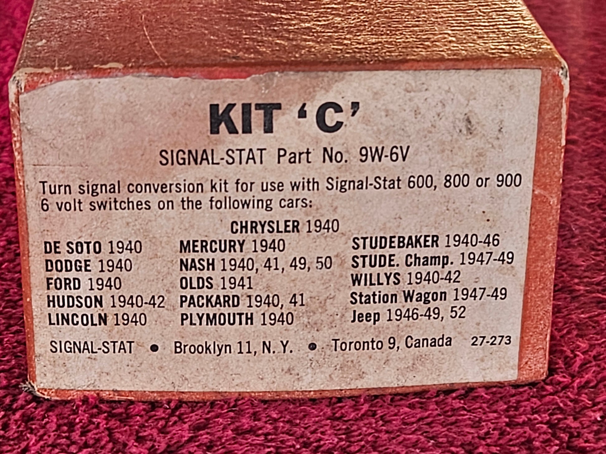 Original Signal-Stat Kit C box label listing part number 9W-6V and vehicle applications 1940 to 1952