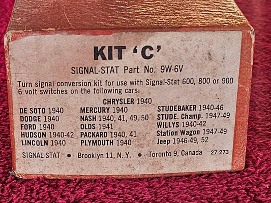 Original Signal-Stat Kit C box label listing part number 9W-6V and vehicle applications 1940 to 1952