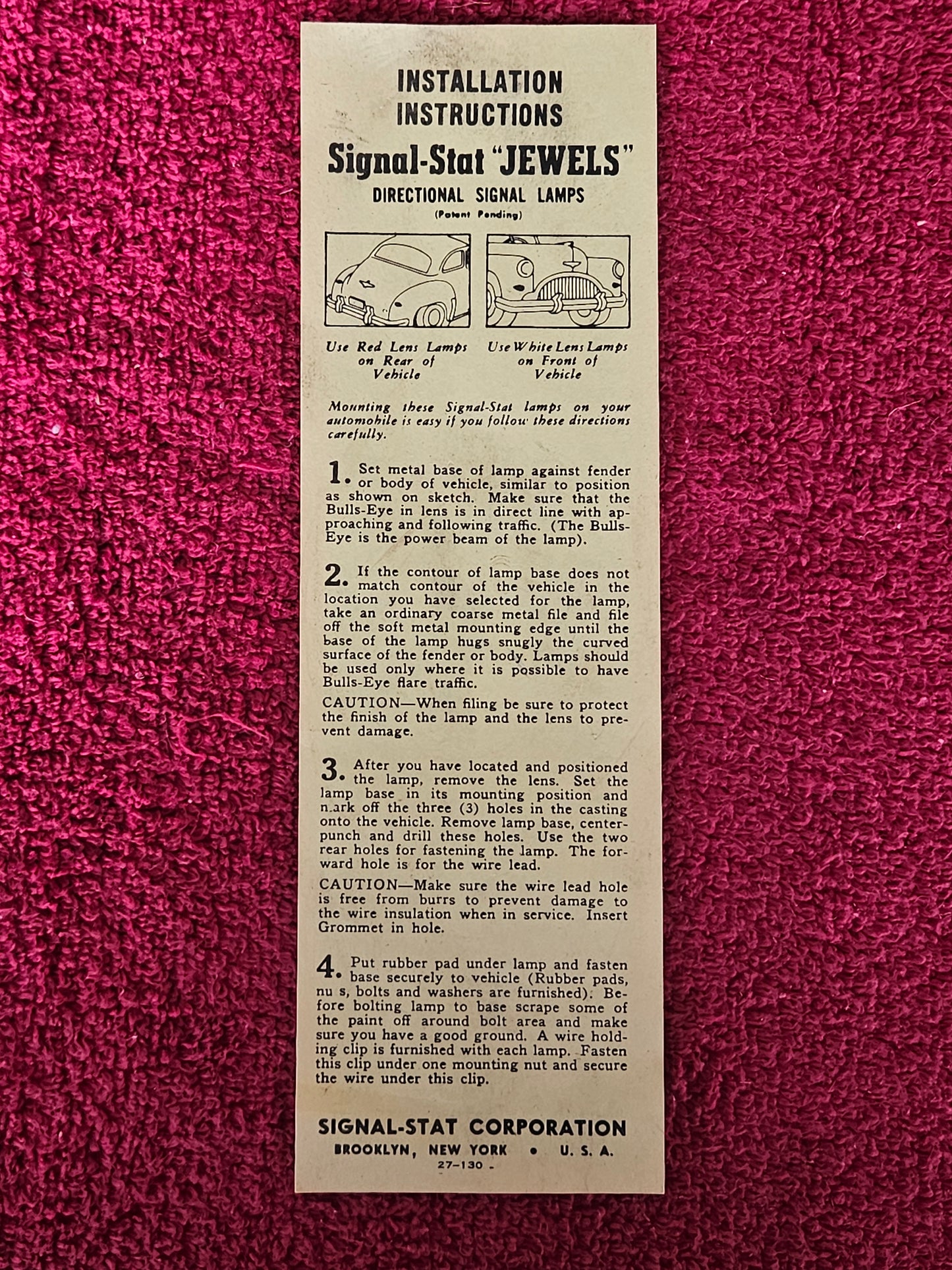 Original Signal-Stat Jewels installation instruction sheet included with the kit
