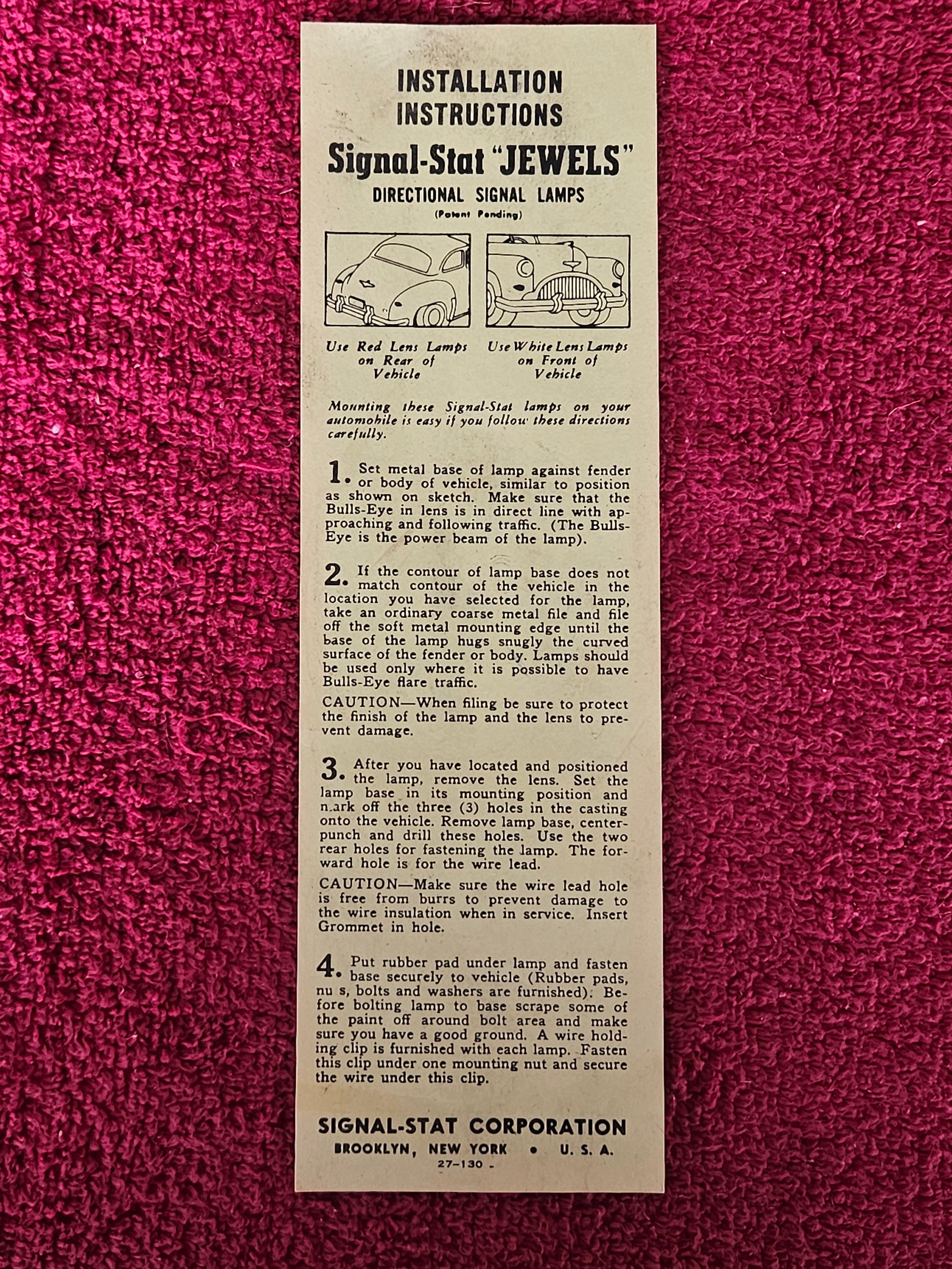 Original Signal-Stat Jewels installation instruction sheet included with the kit