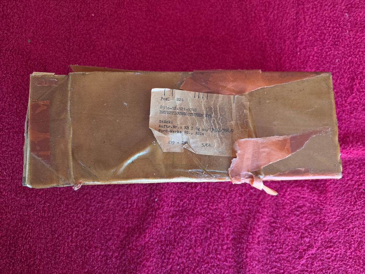 Original wax-coated Ford-Werke AG Koln carton with the typed German military supply label, NSN 2910-12-121-9748, dated 5/64