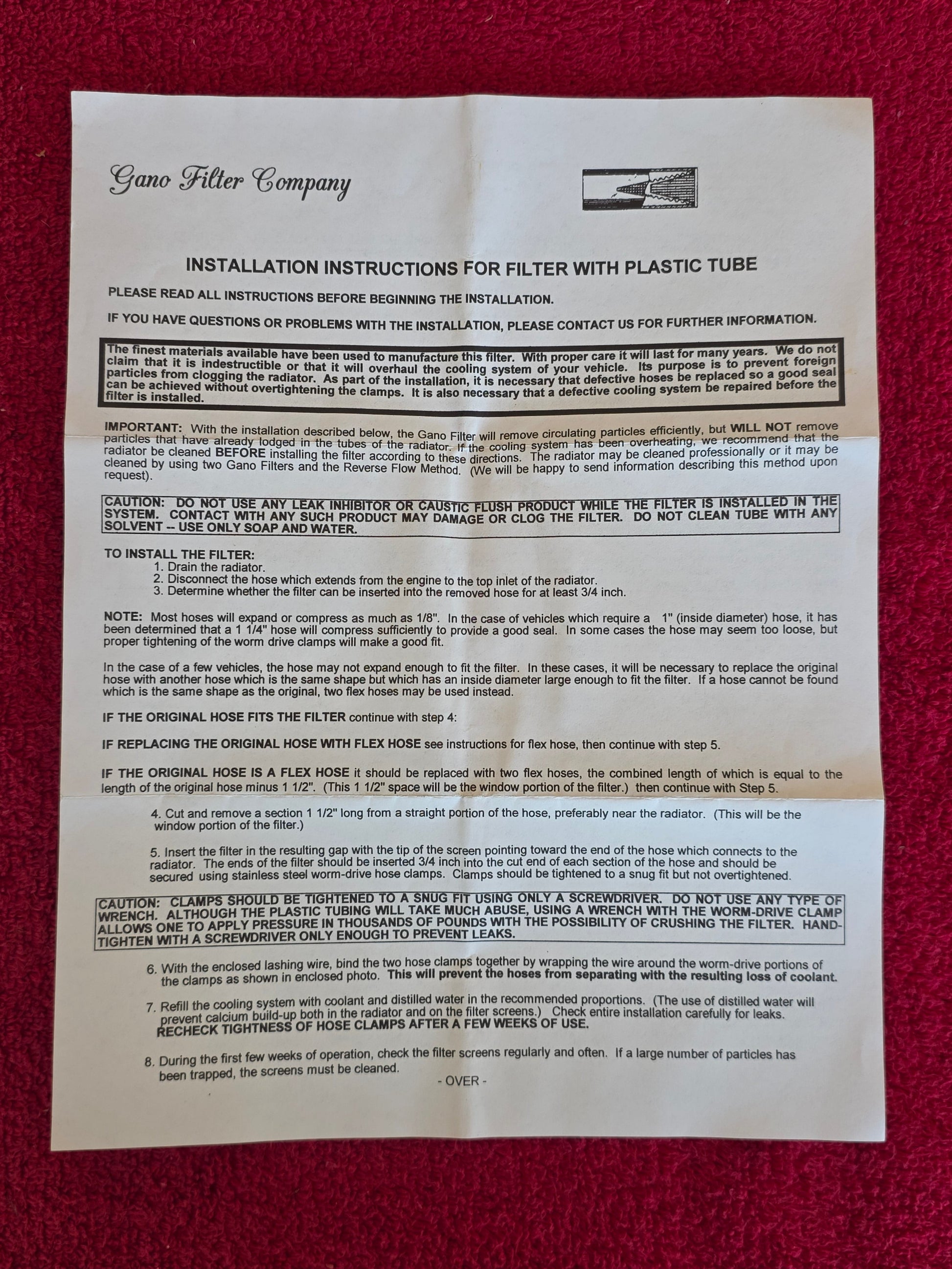 Gano Filter installation instructions for the plastic tube filter, page one