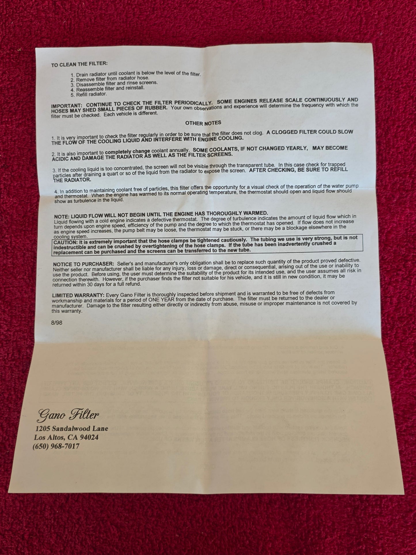 Gano Filter instructions page two with cleaning steps and the Los Altos address, dated 8/98