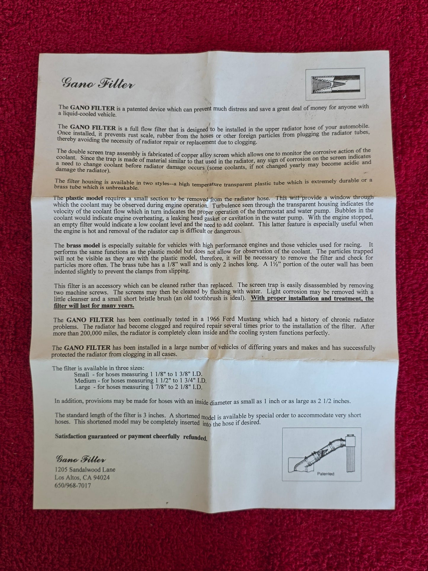 Gano Filter product information sheet with the Los Altos California address and the three hose sizes